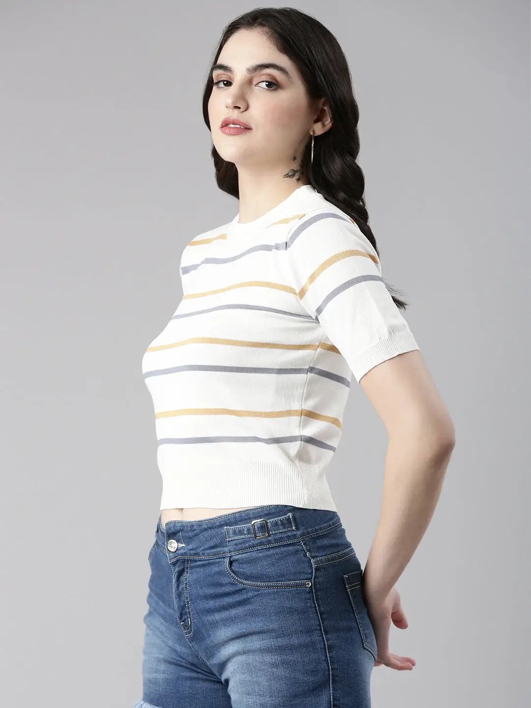 Women's Round Neck Striped White Crop Top