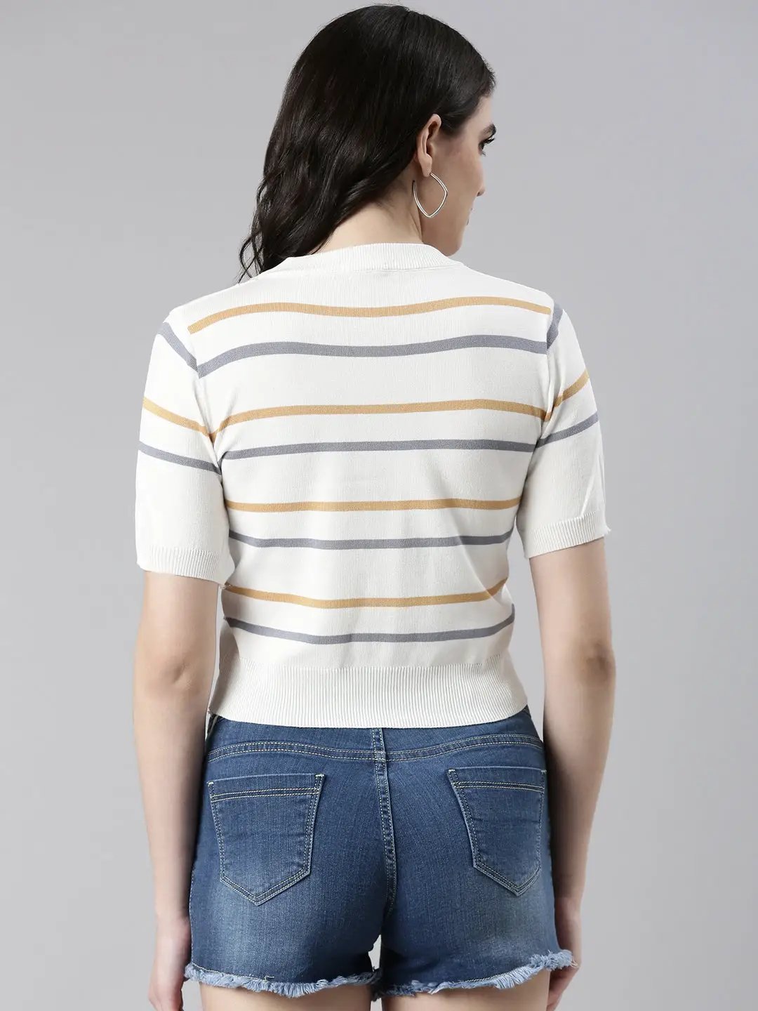 Women's Round Neck Striped White Crop Top