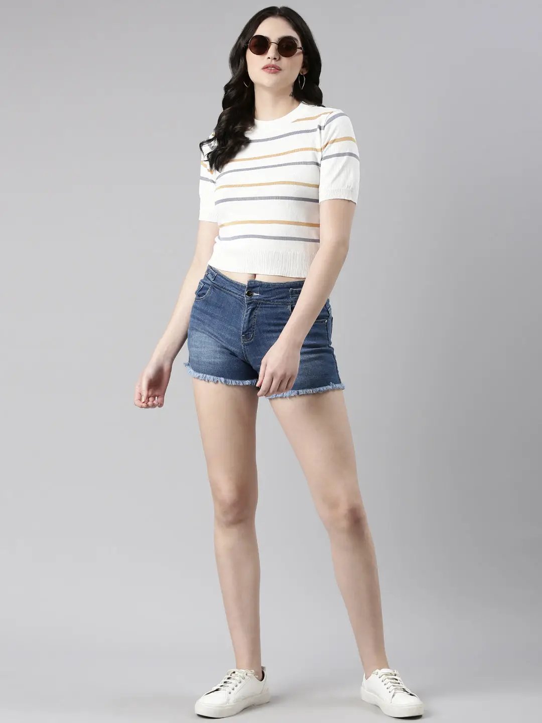 Women's Round Neck Striped White Crop Top