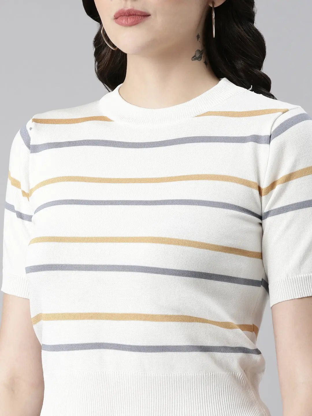 Women's Round Neck Striped White Crop Top
