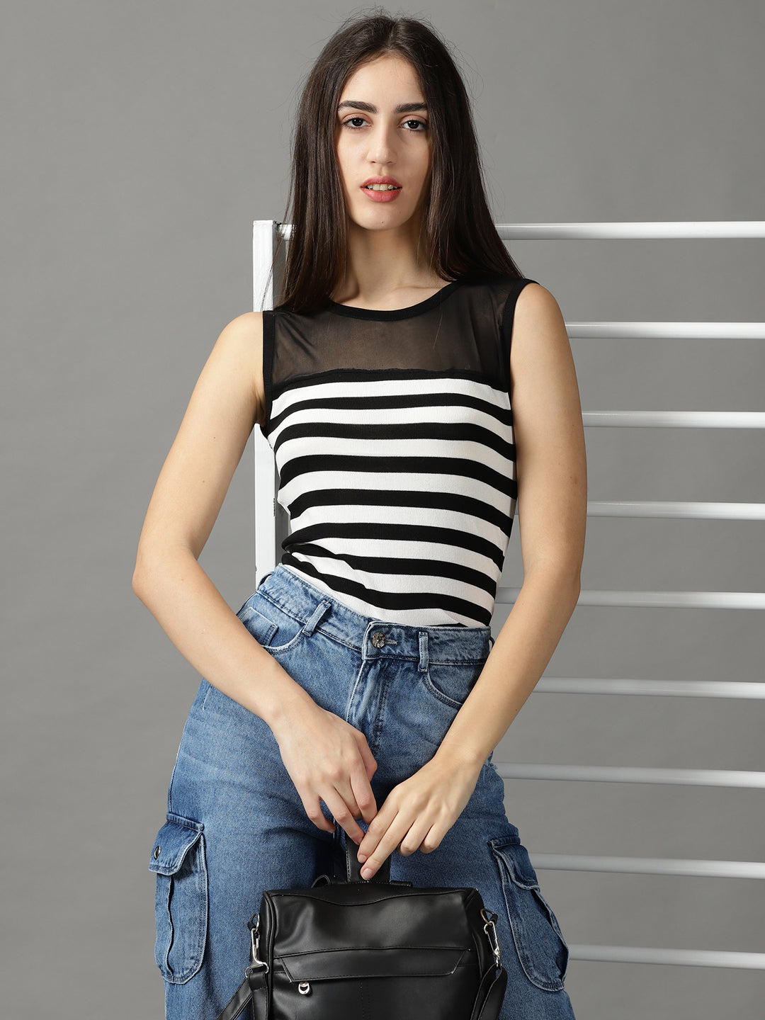 Women's Black Striped Fitted Top
