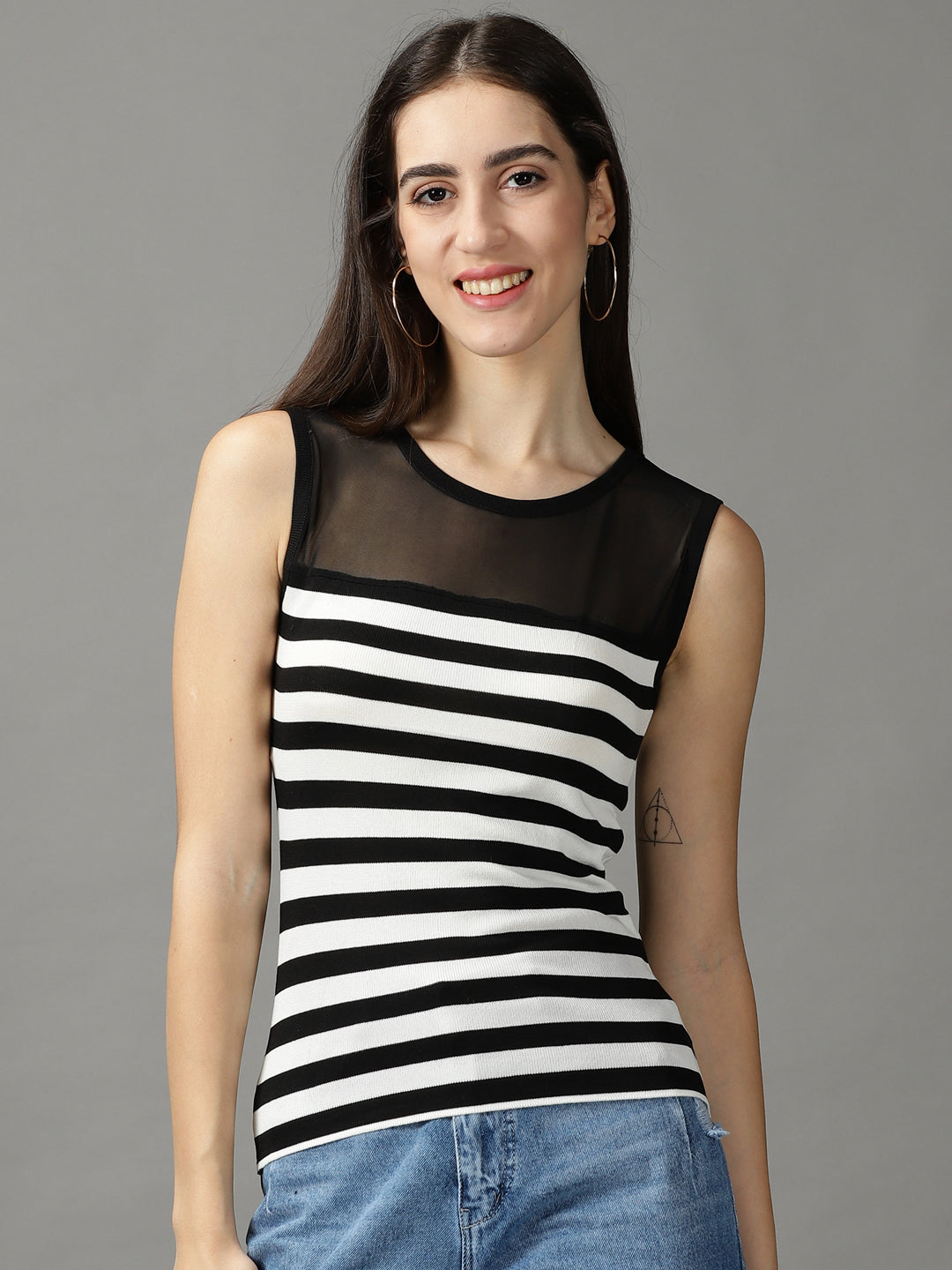 Women's Black Striped Fitted Top