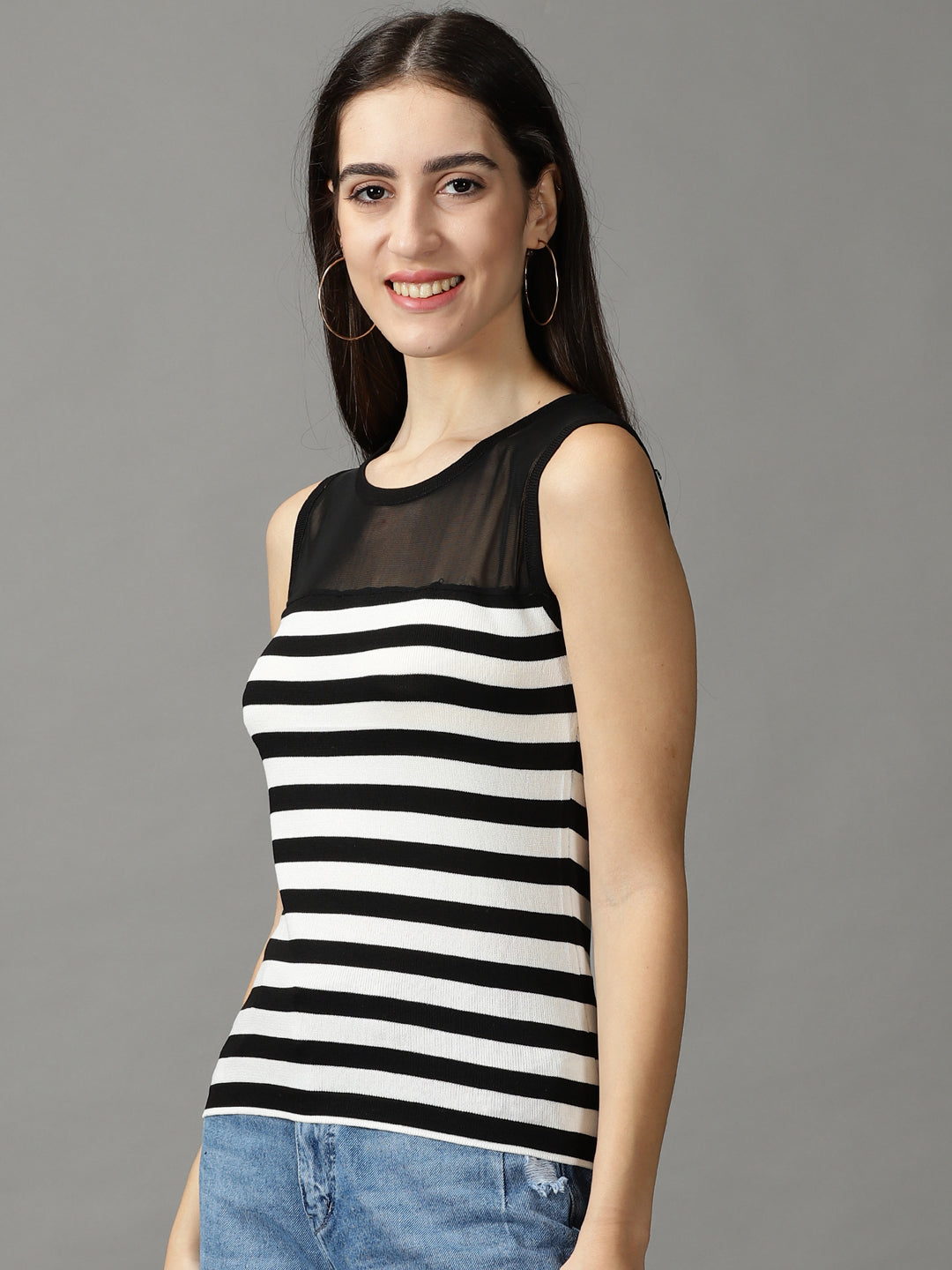 Women's Black Striped Fitted Top