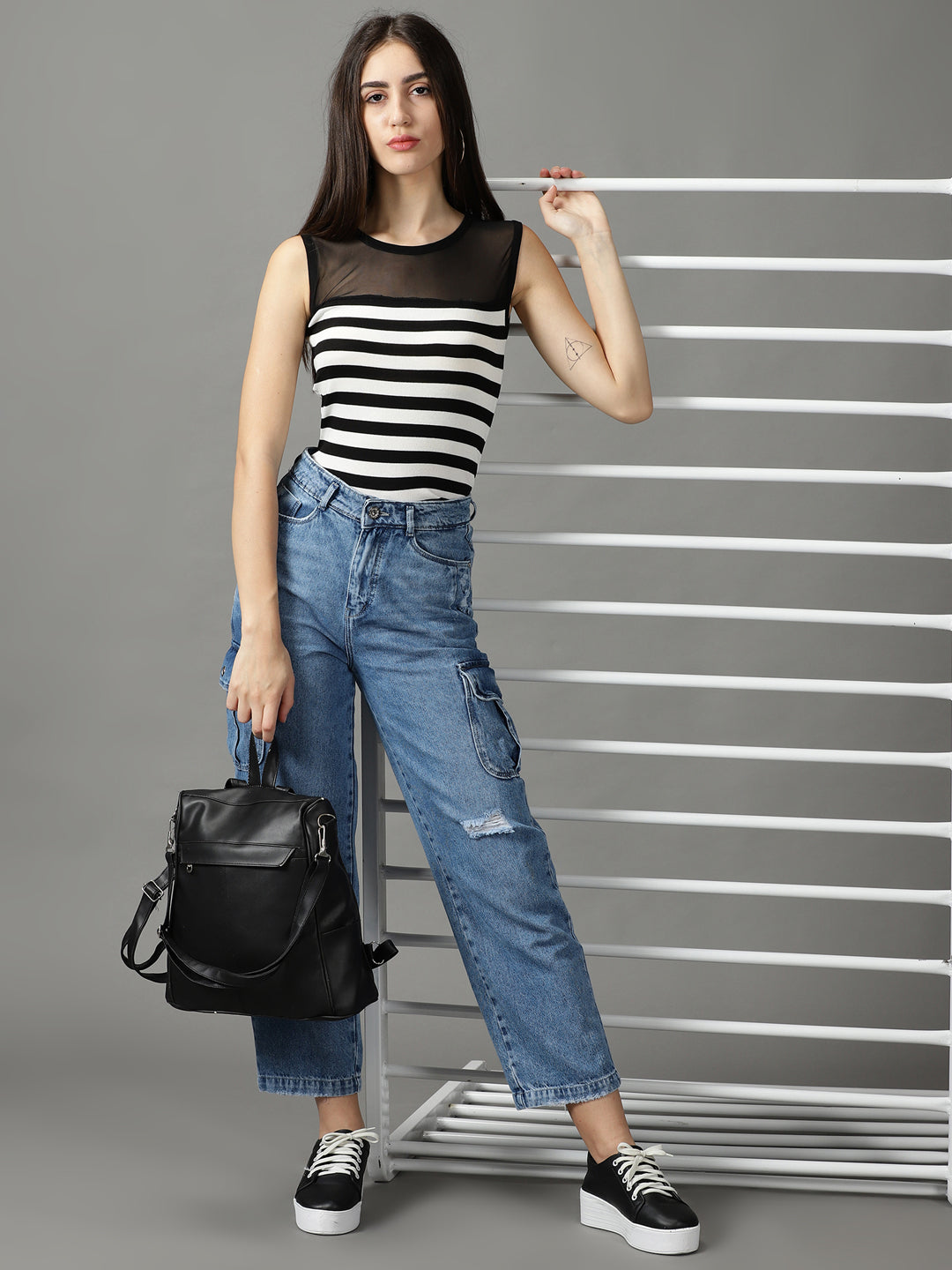 Women's Black Striped Fitted Top