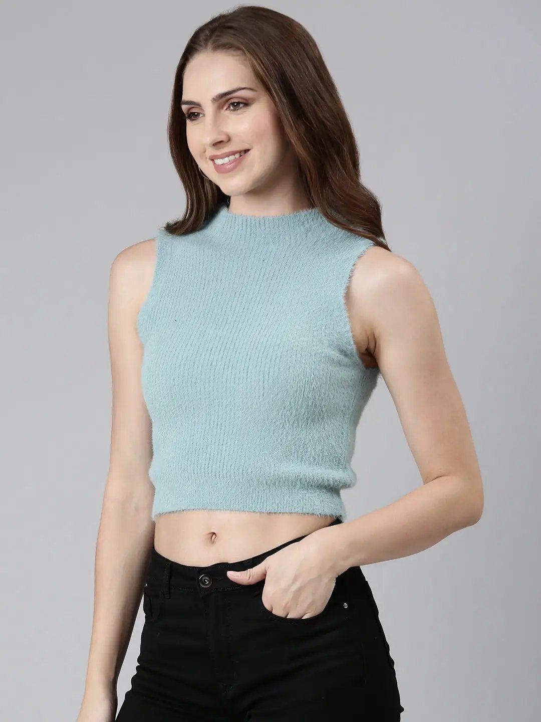 Women's High Neck Solid Sleeveless Blue Tank Top