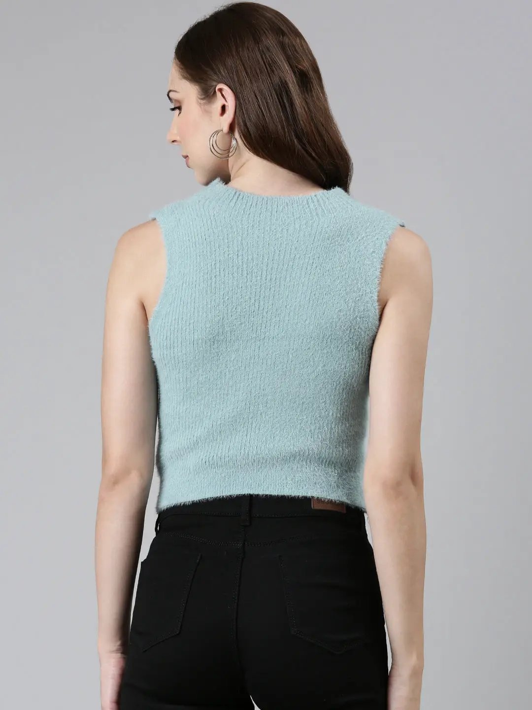 Women's High Neck Solid Sleeveless Blue Tank Top