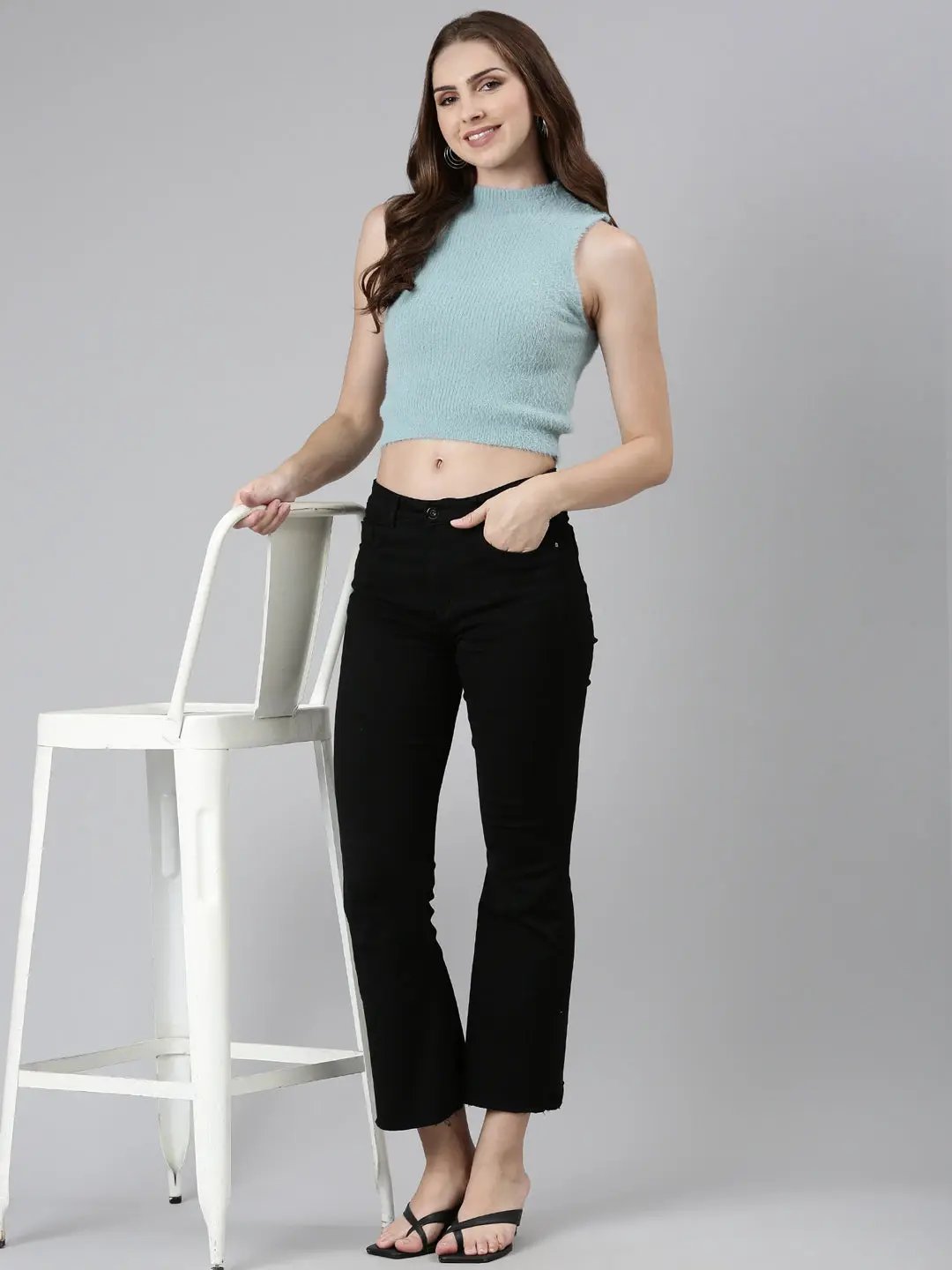Women's High Neck Solid Sleeveless Blue Tank Top