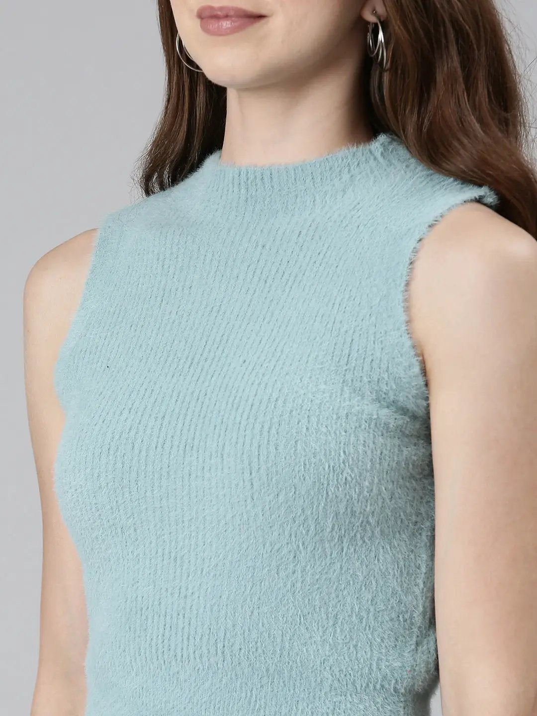 Women's High Neck Solid Sleeveless Blue Tank Top