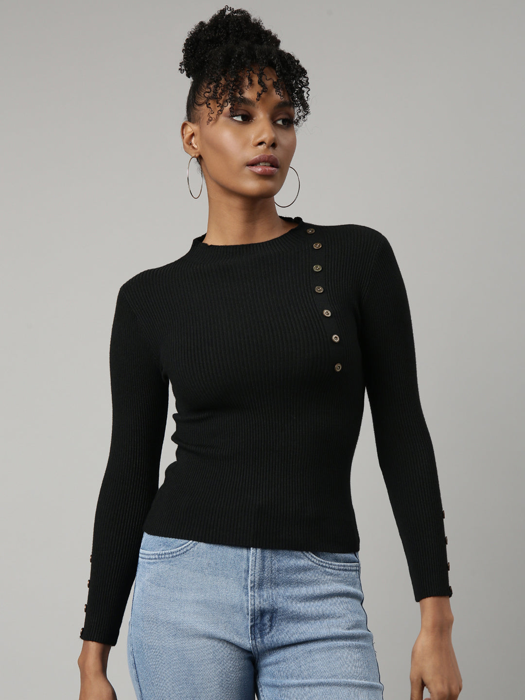 Women's Black Ribbed Fitted Top
