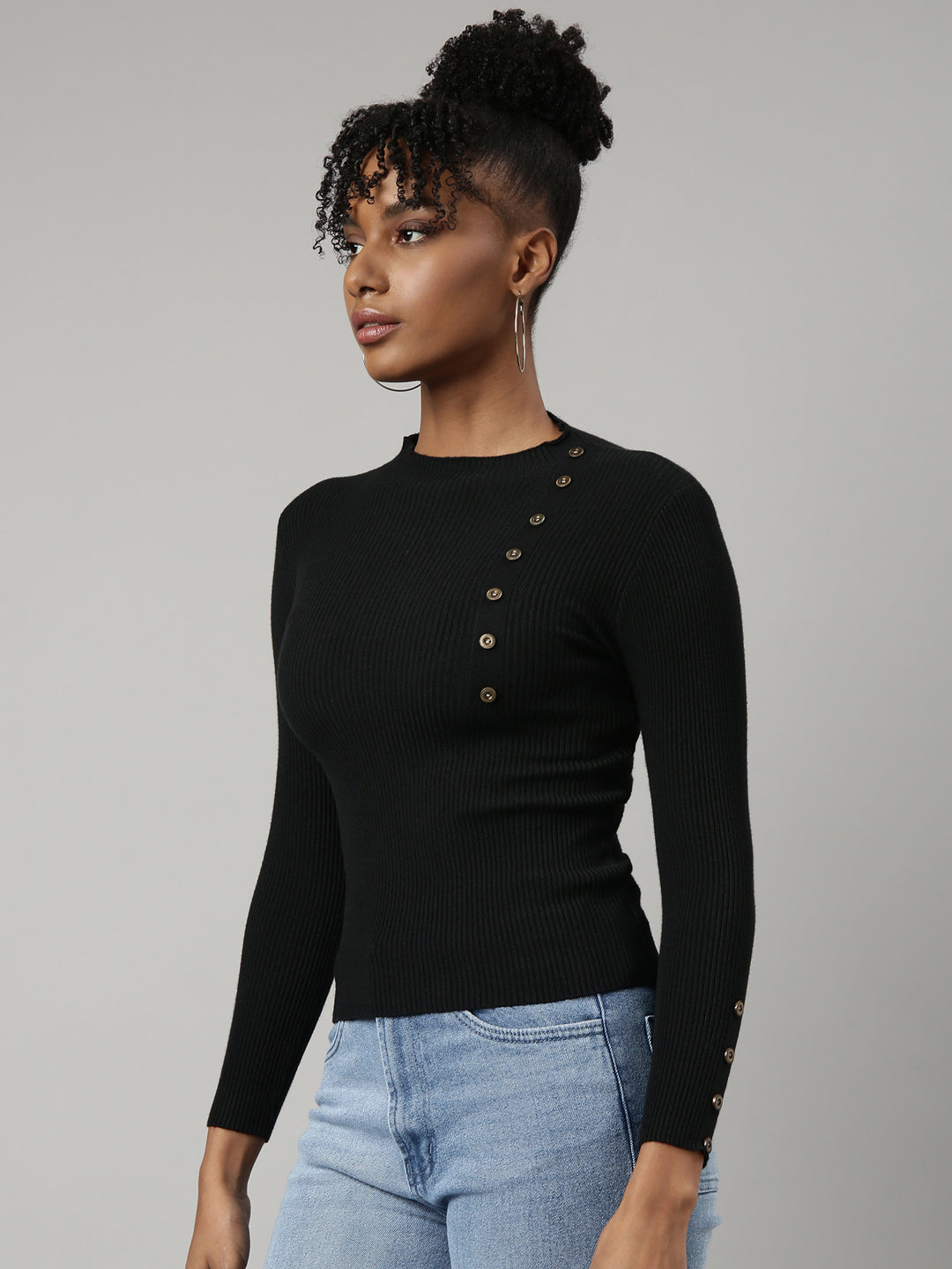 Women's Black Ribbed Fitted Top