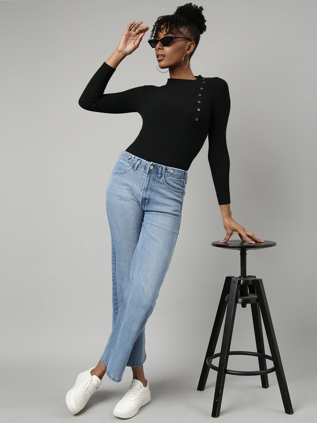 Women Black Solid Fitted Top