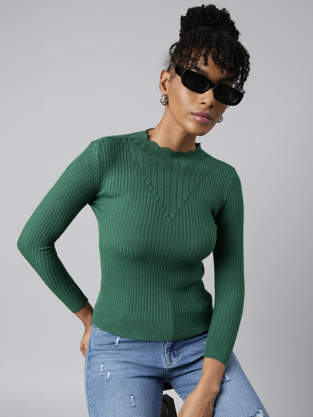 Women Green Solid Fitted Top