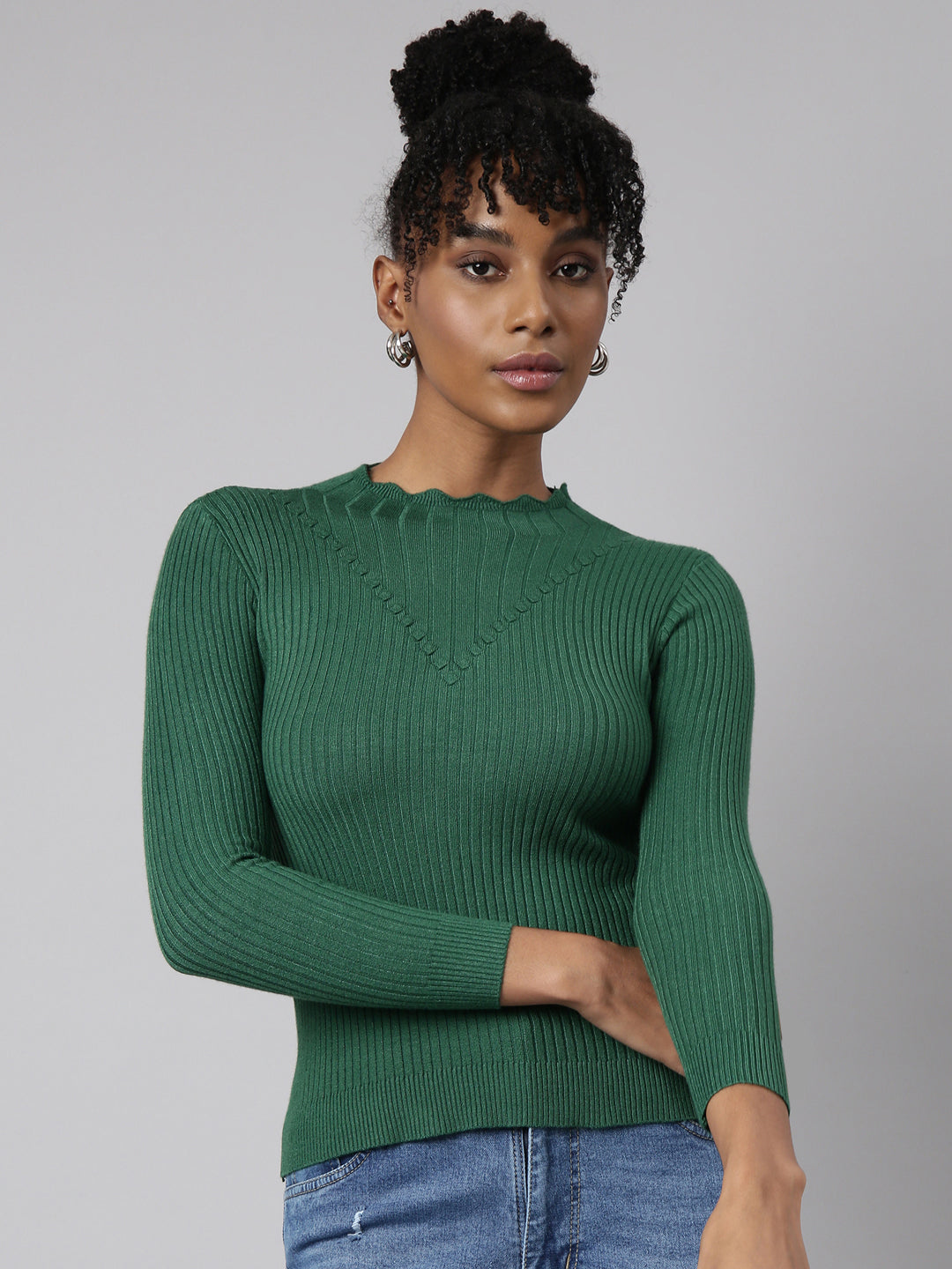 Women Green Solid Fitted Top