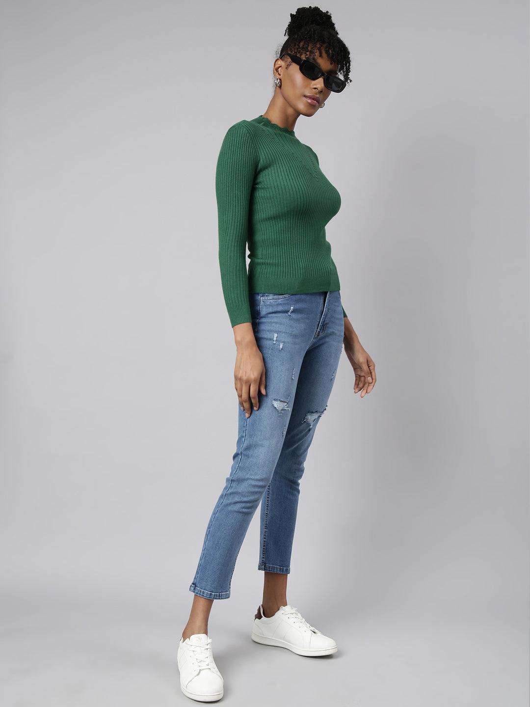 Women Green Solid Fitted Top