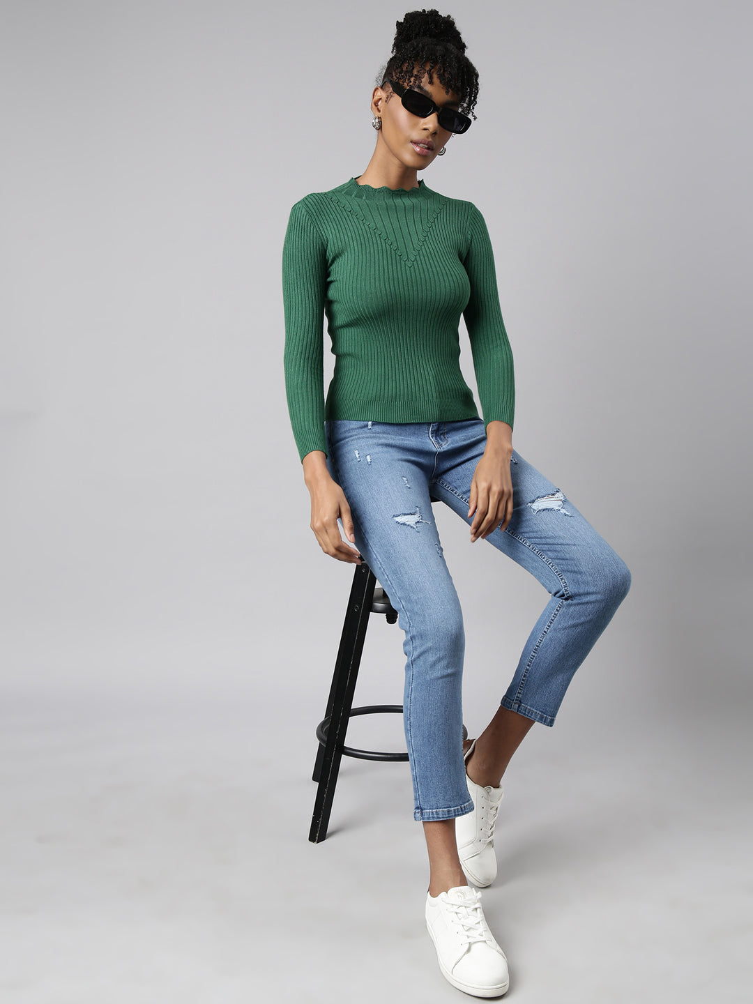 Women Green Solid Fitted Top