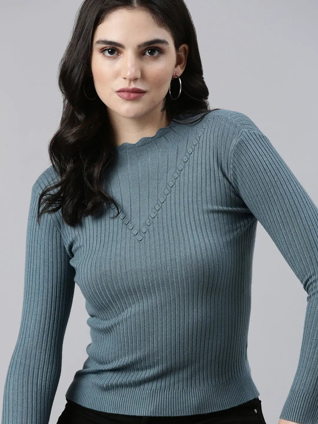 Women's High Neck Solid Teal Fitted Regular Top