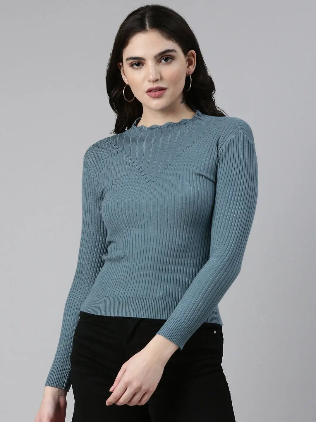 Women's High Neck Solid Teal Fitted Regular Top
