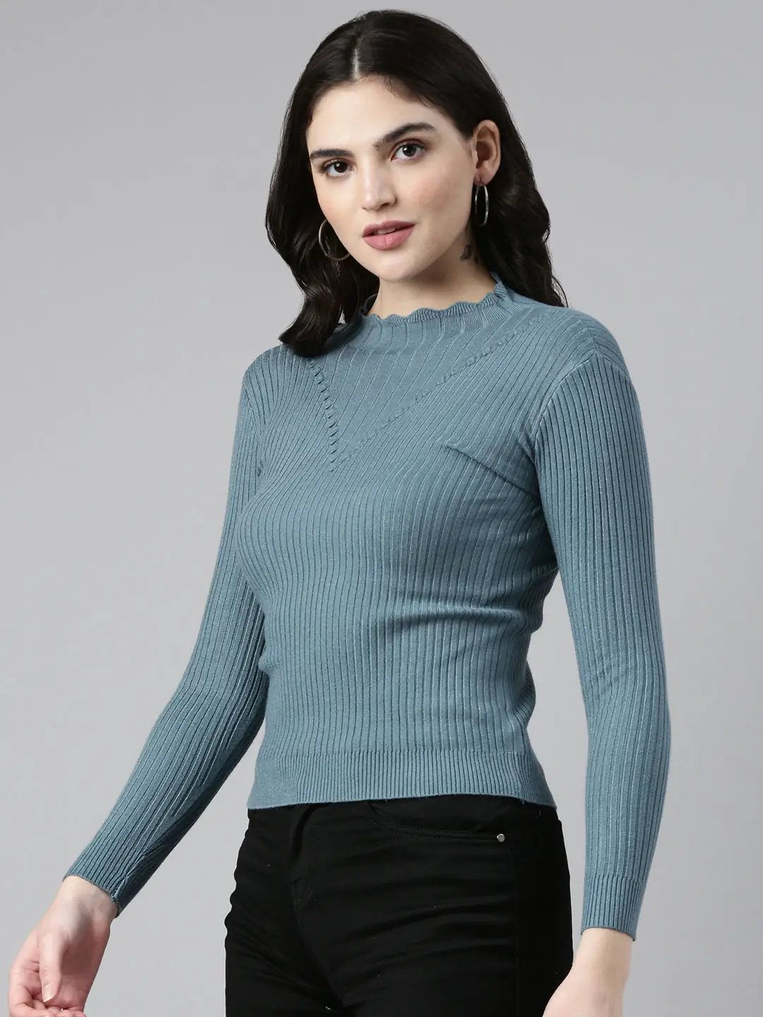 Women's High Neck Solid Teal Fitted Regular Top
