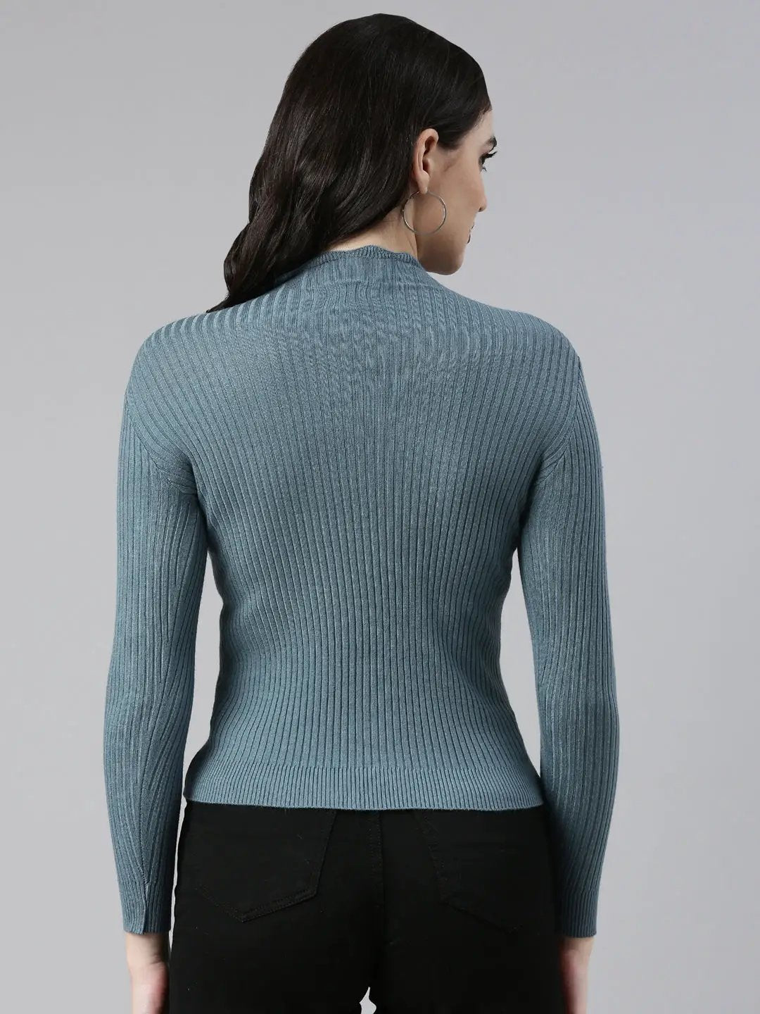 Women's High Neck Solid Teal Fitted Regular Top