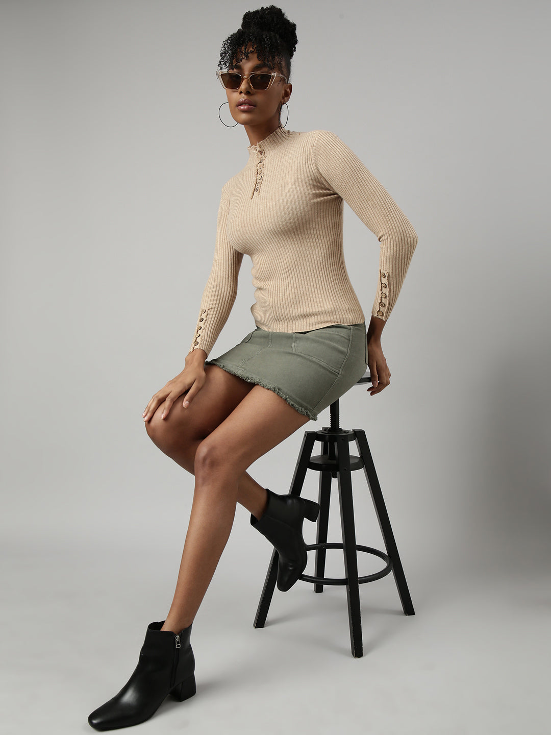 Women Beige Solid Fitted Top