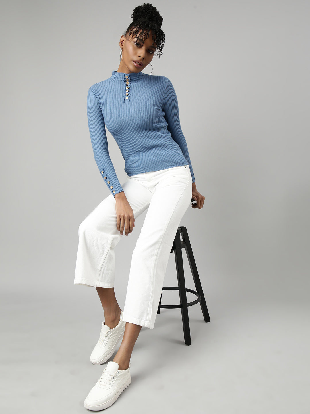 Women Blue Solid Fitted Top