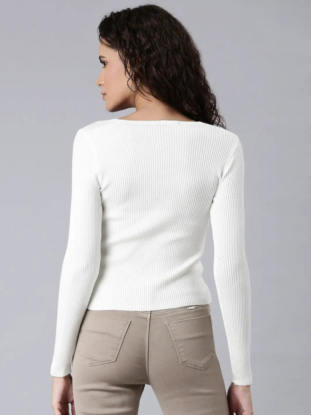 Women's Off White Solid Fitted Top