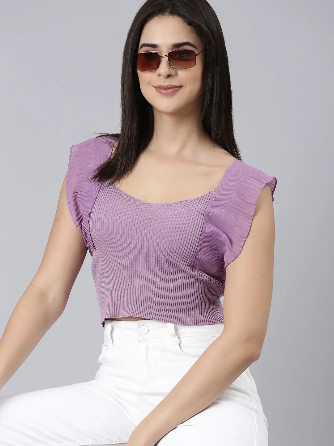 Women's V-Neck Solid Sleeveless Purple Crop Tank Top