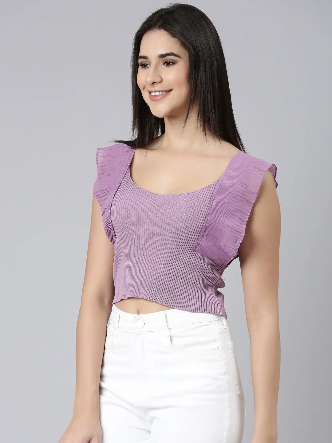 Women's V-Neck Solid Sleeveless Purple Crop Tank Top