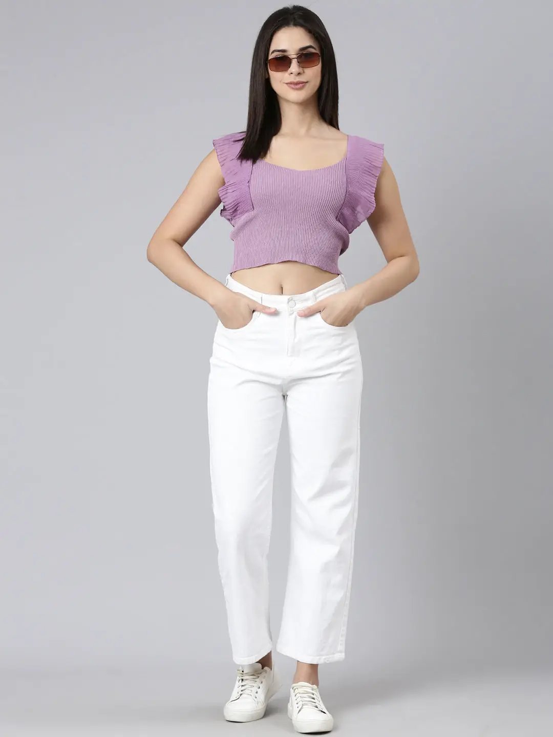 Women's V-Neck Solid Sleeveless Purple Crop Tank Top
