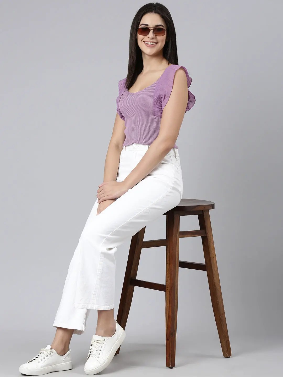 Women's V-Neck Solid Sleeveless Purple Crop Tank Top