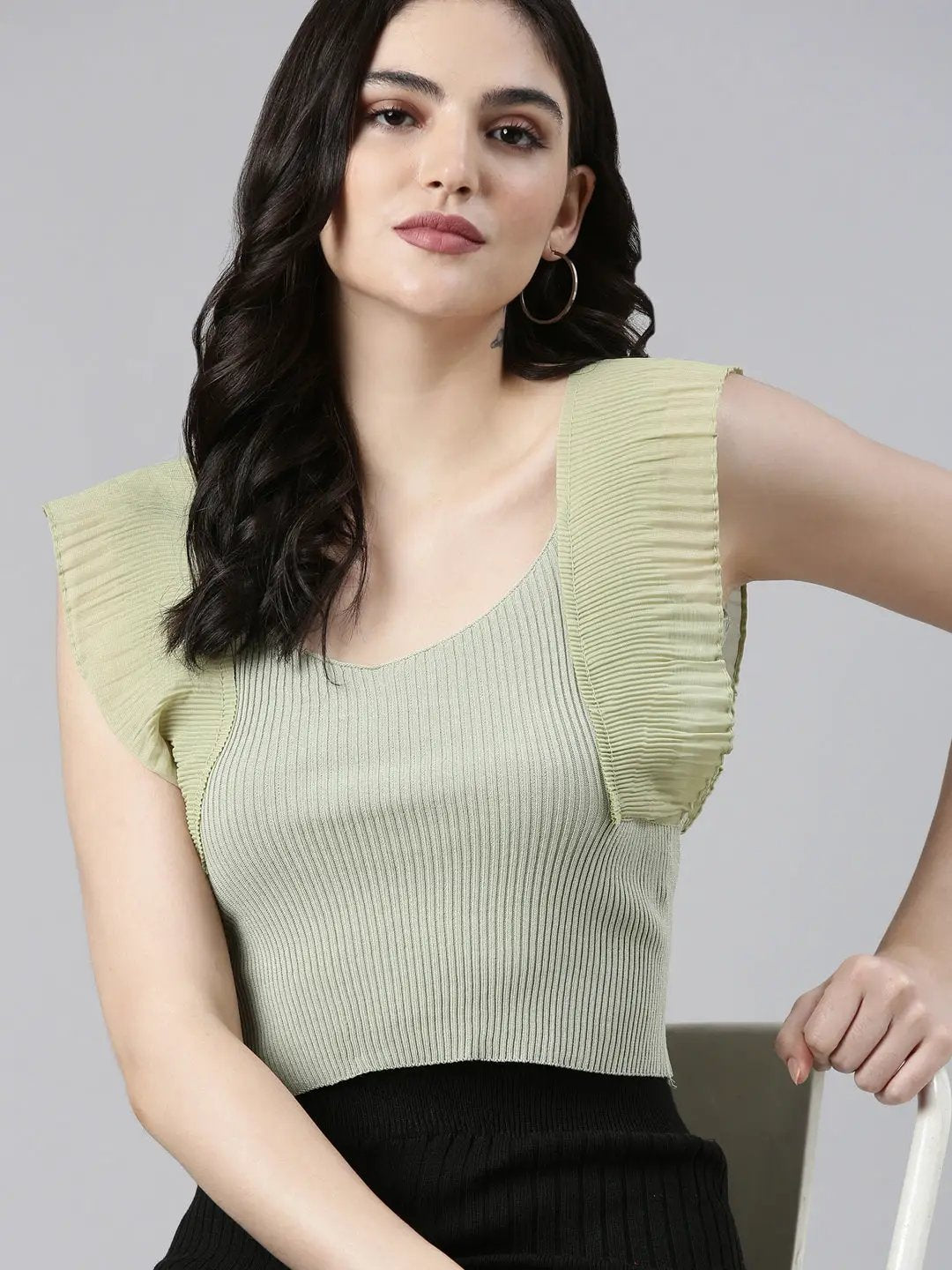 Women's Scoop Neck Solid Sleeveless Sea Green Crop Tank Top