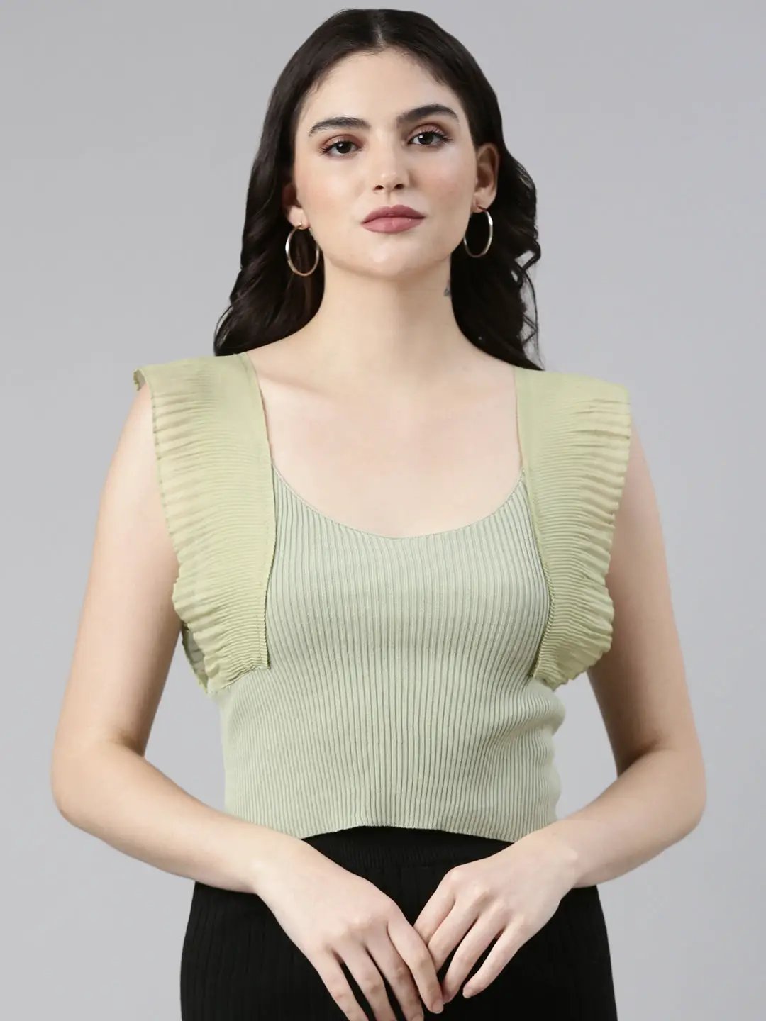Women's Scoop Neck Solid Sleeveless Sea Green Crop Tank Top