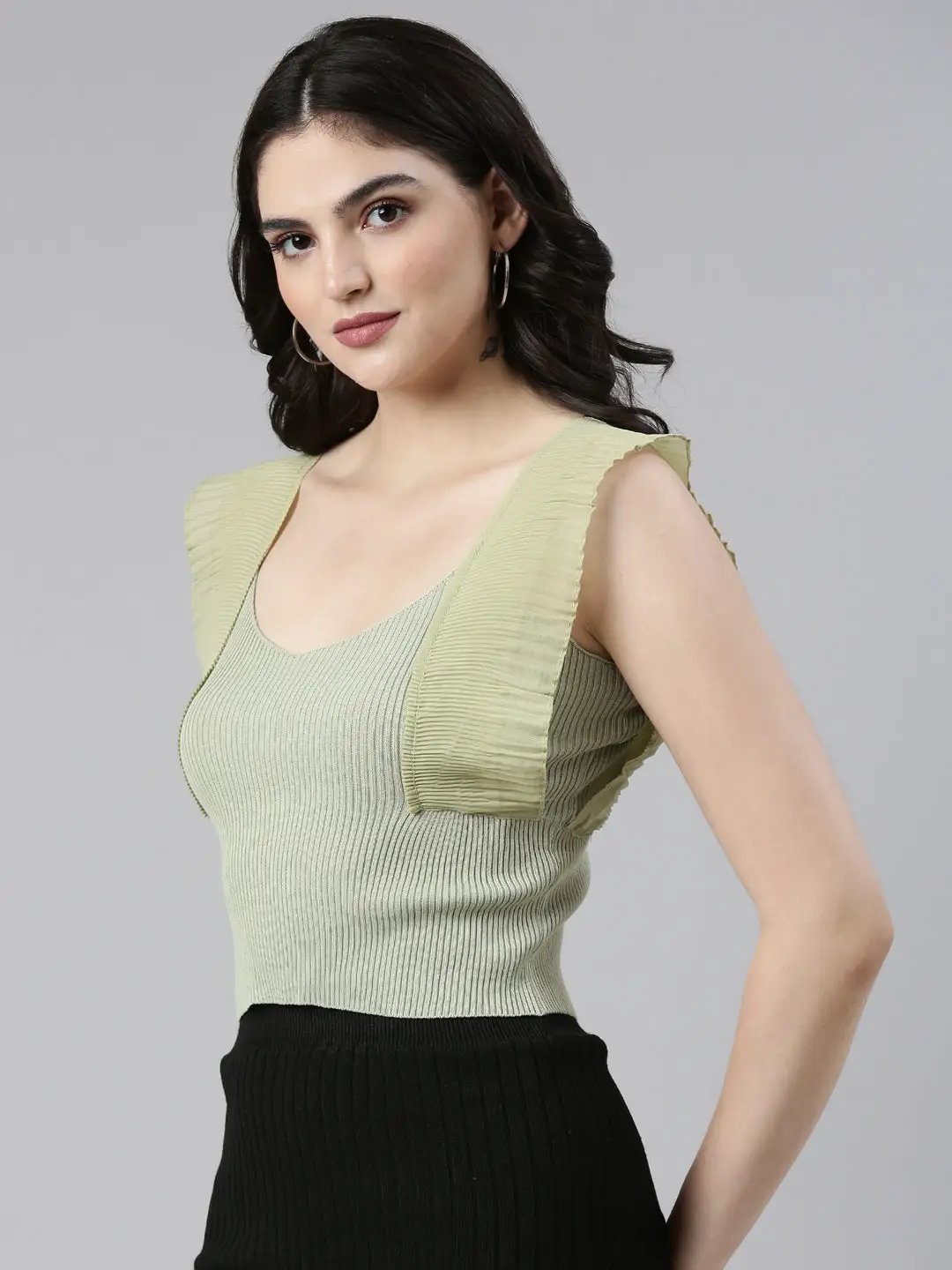 Women's Scoop Neck Solid Sleeveless Sea Green Crop Tank Top