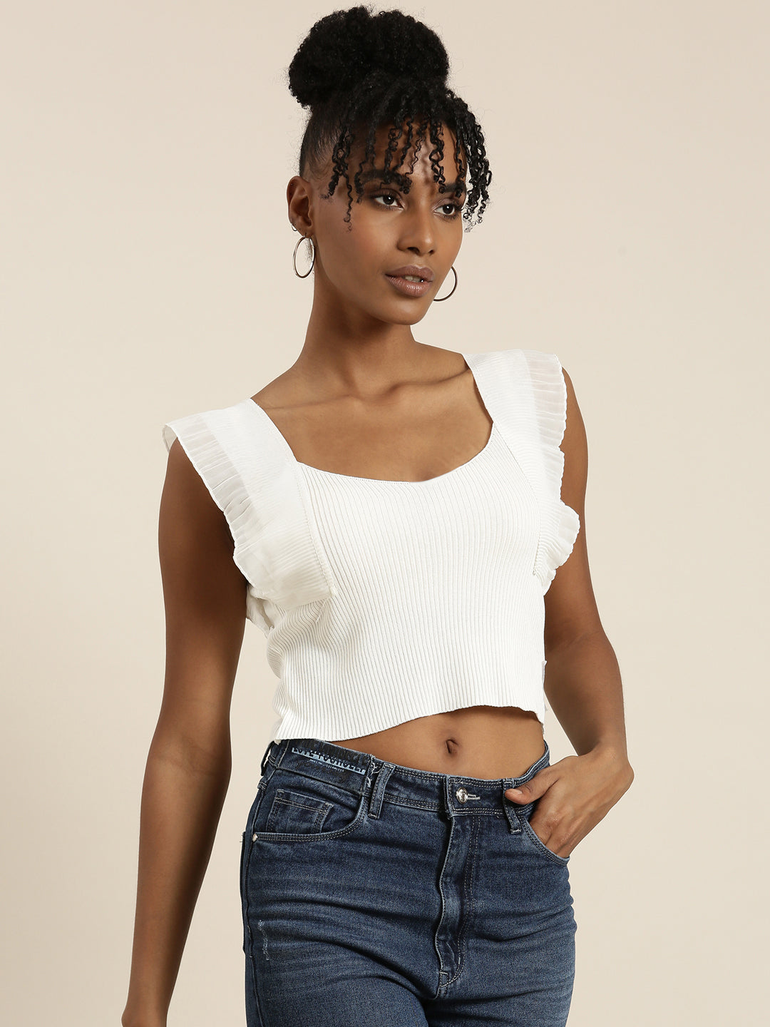 Women's White Scoop Neck Flutter Sleeves Crop Top