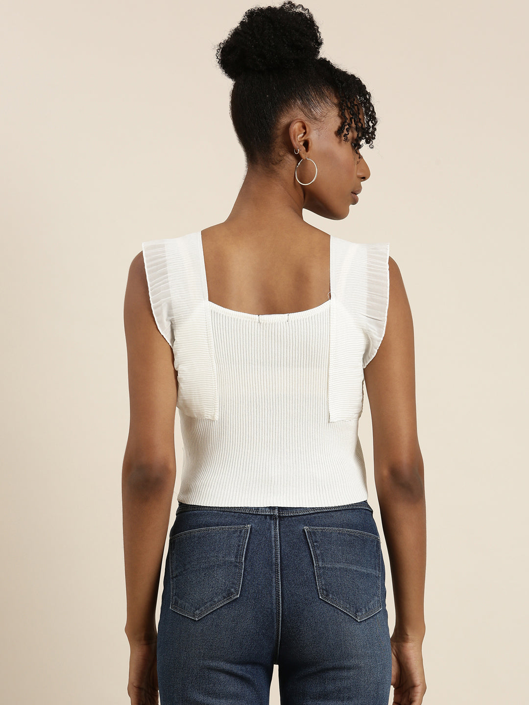 Women's White Scoop Neck Flutter Sleeves Crop Top