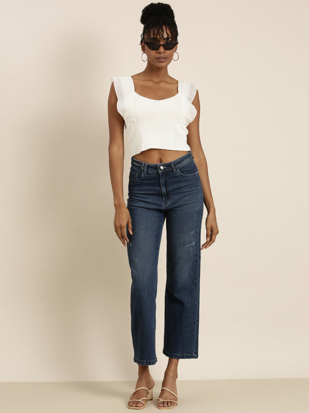 Women's White Scoop Neck Flutter Sleeves Crop Top