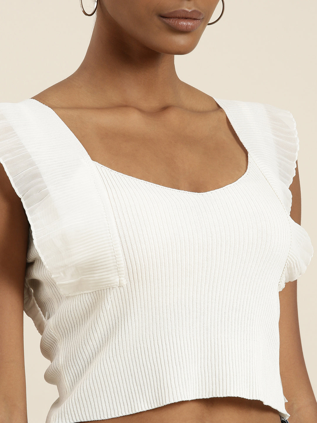 Women's White Scoop Neck Flutter Sleeves Crop Top