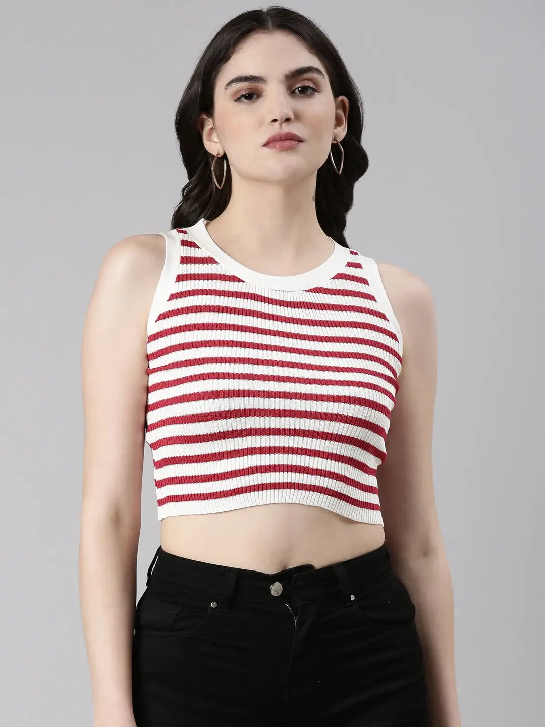 Women's Round Neck Striped Sleeveless White Crop Tank Top