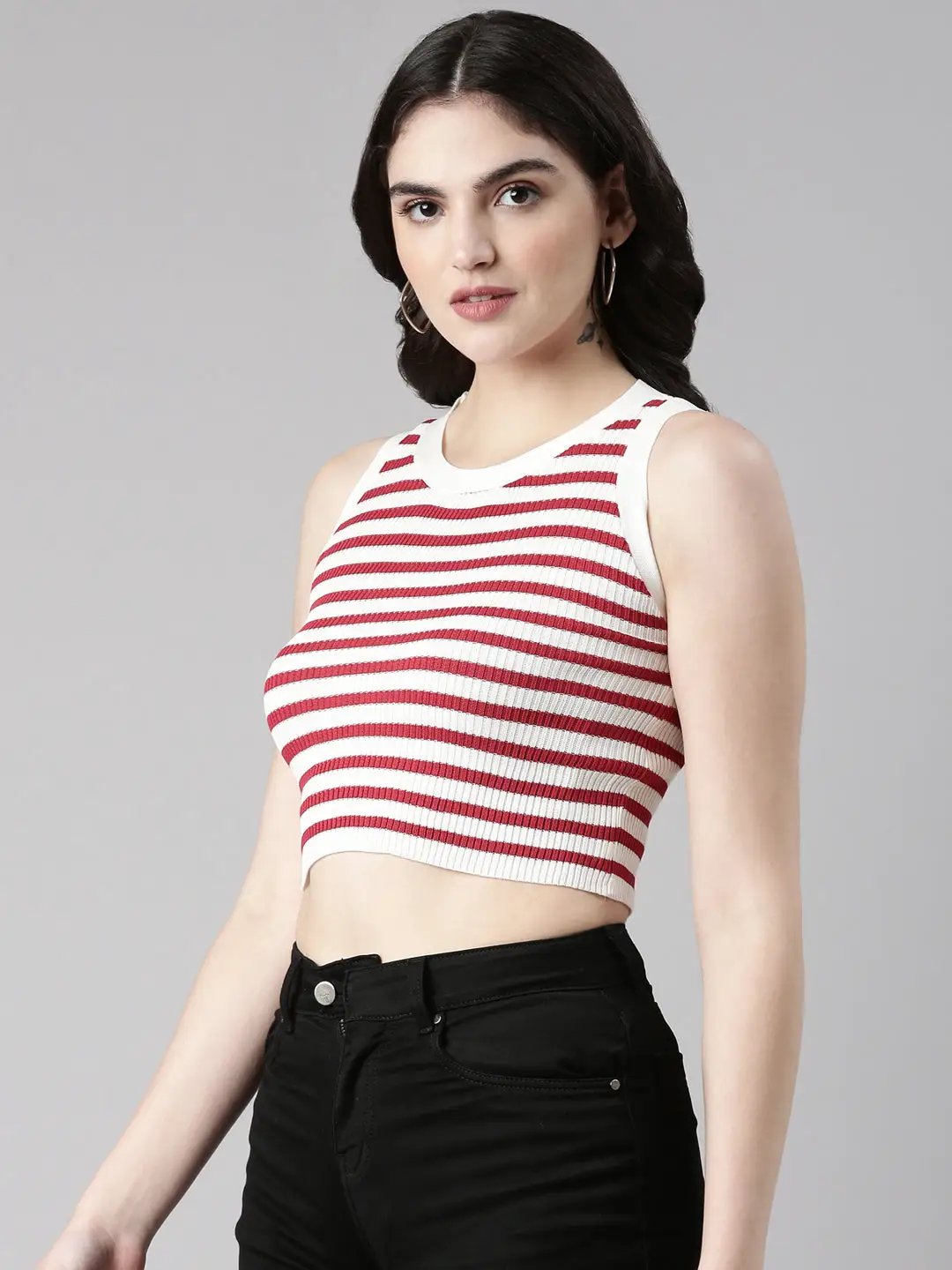 Women's Round Neck Striped Sleeveless White Crop Tank Top