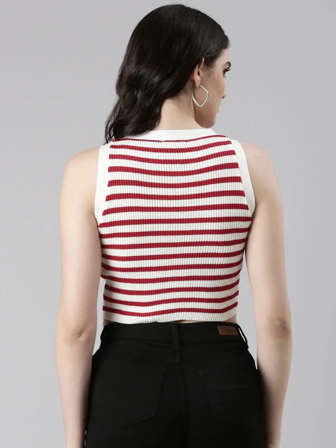 Women's Round Neck Striped Sleeveless White Crop Tank Top