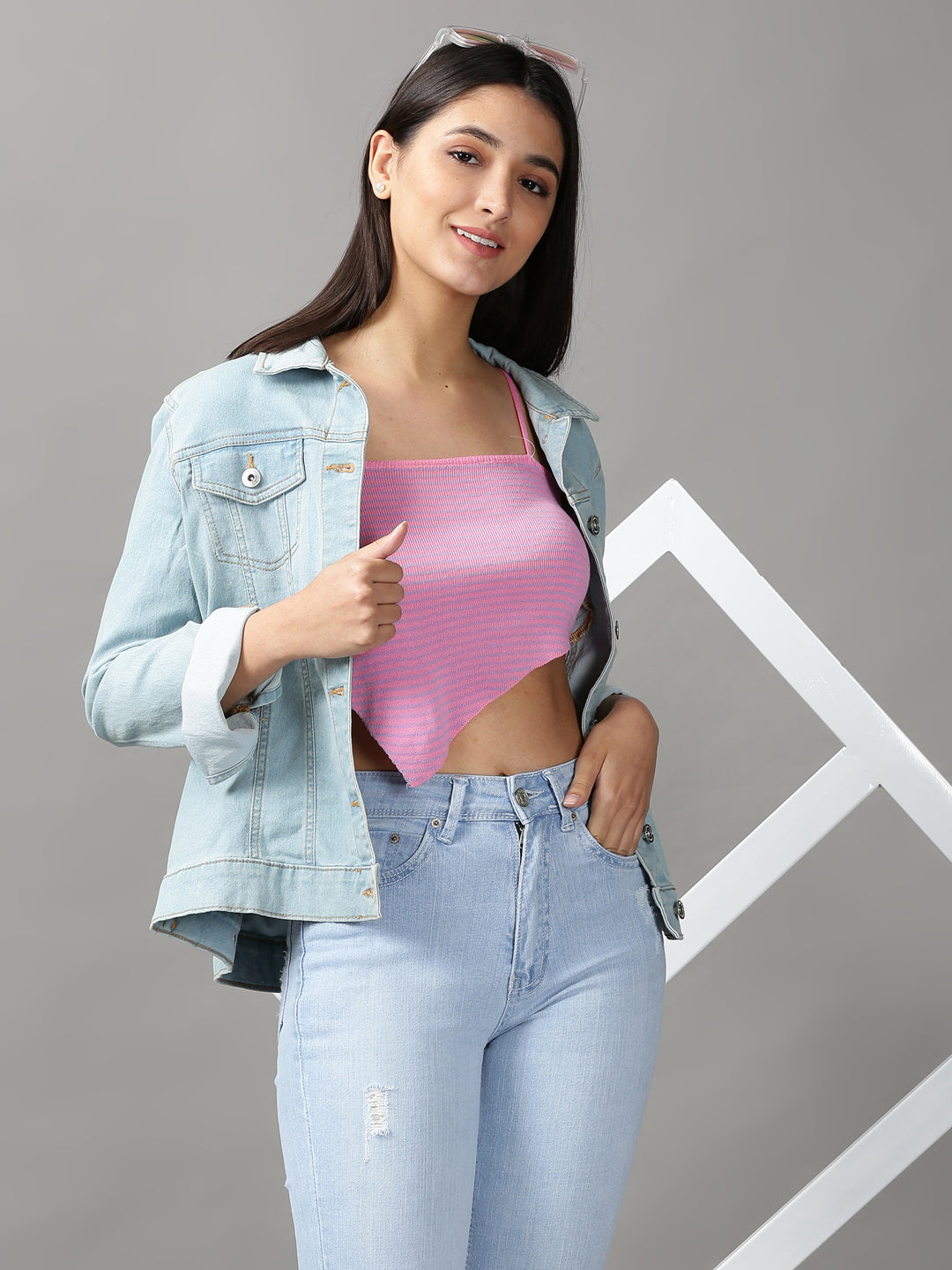 Women's Pink Striped Fitted Crop Top