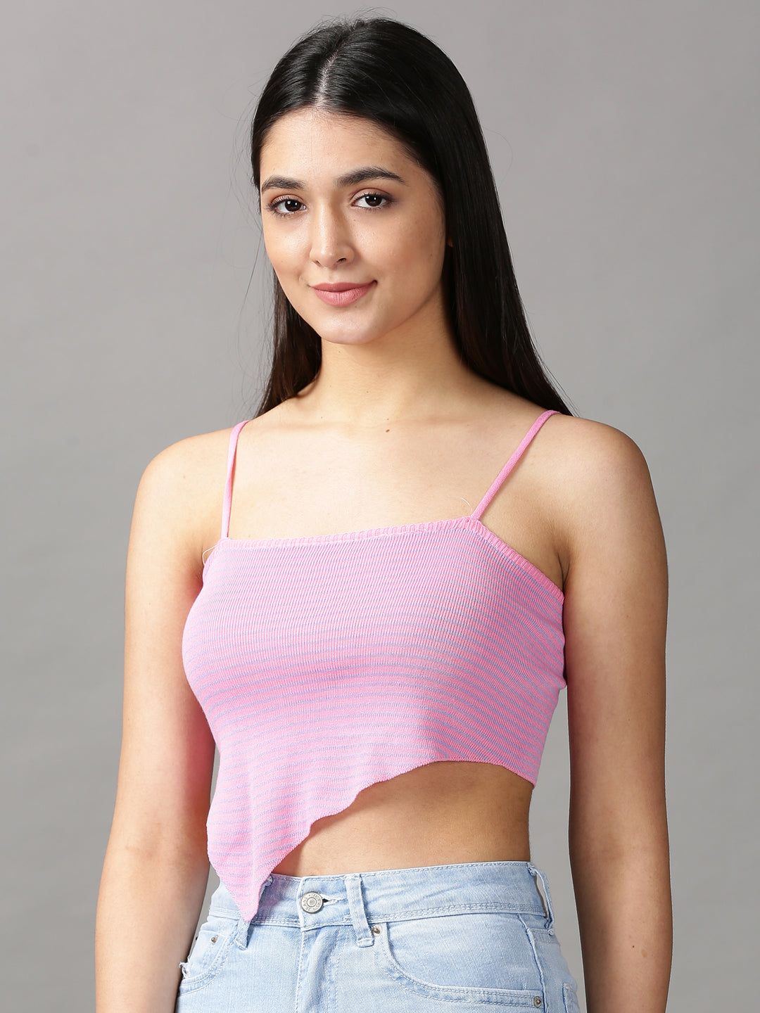 Women's Pink Striped Fitted Crop Top