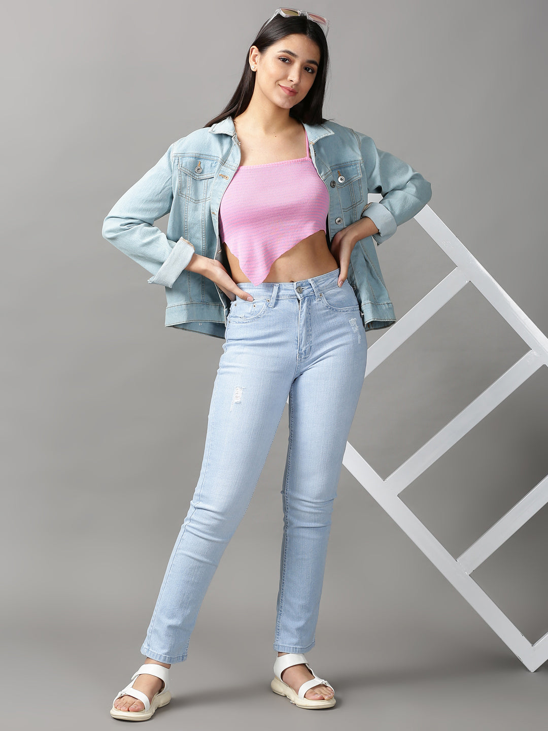 Women's Pink Striped Fitted Crop Top