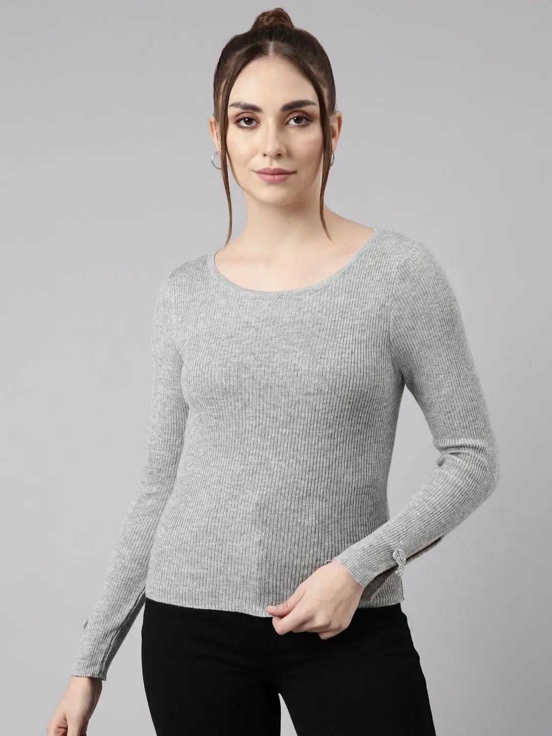 Women's Grey Solid Fitted Top