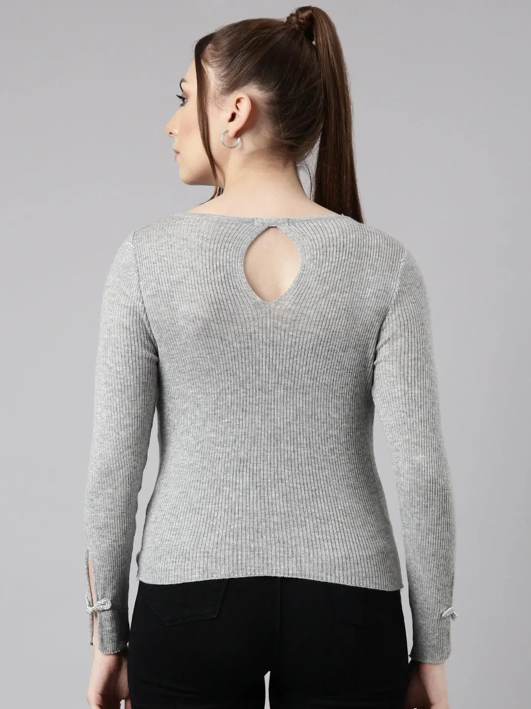 Women's Grey Solid Fitted Top