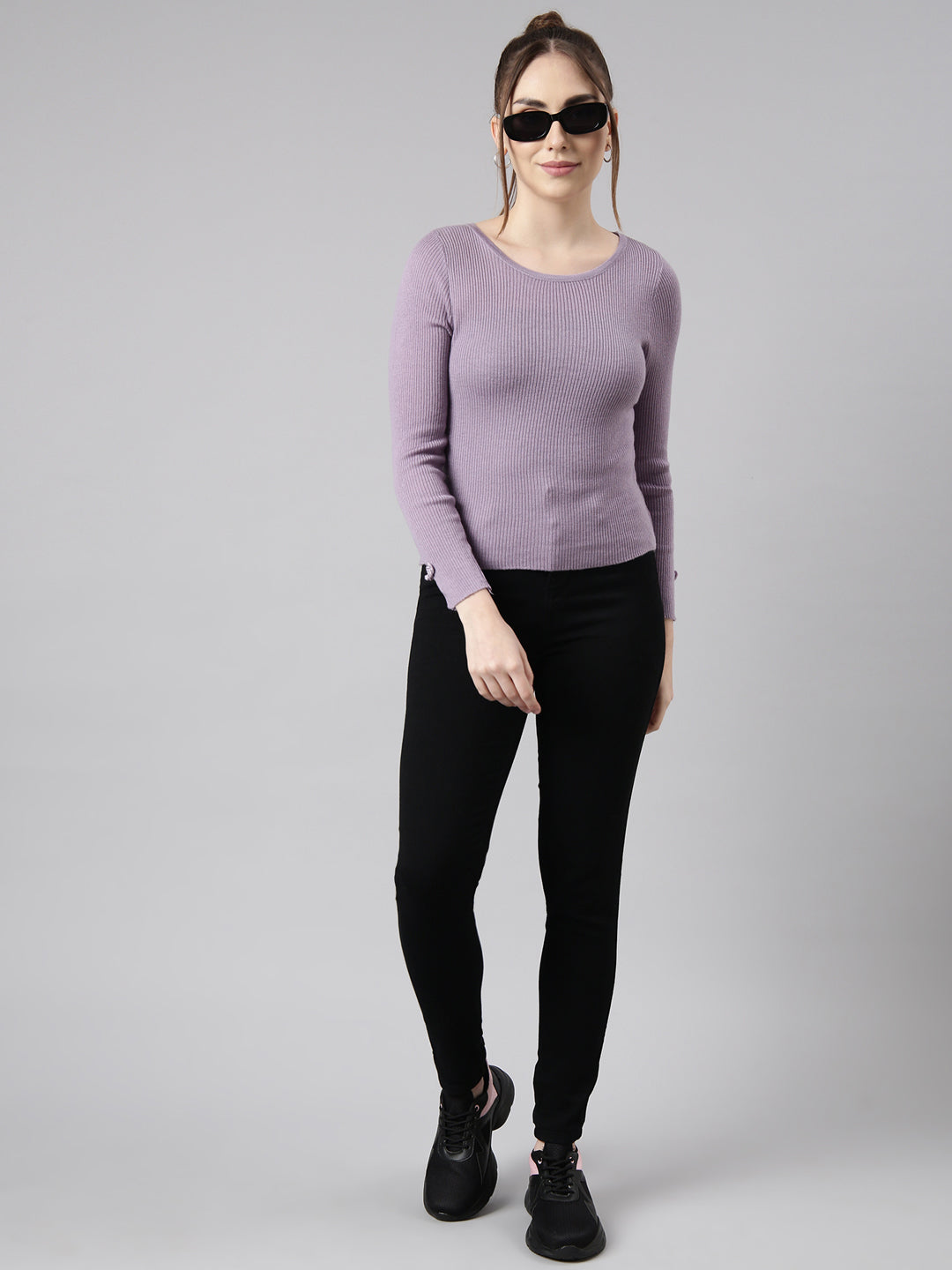 Women Lavender Solid Fitted Top