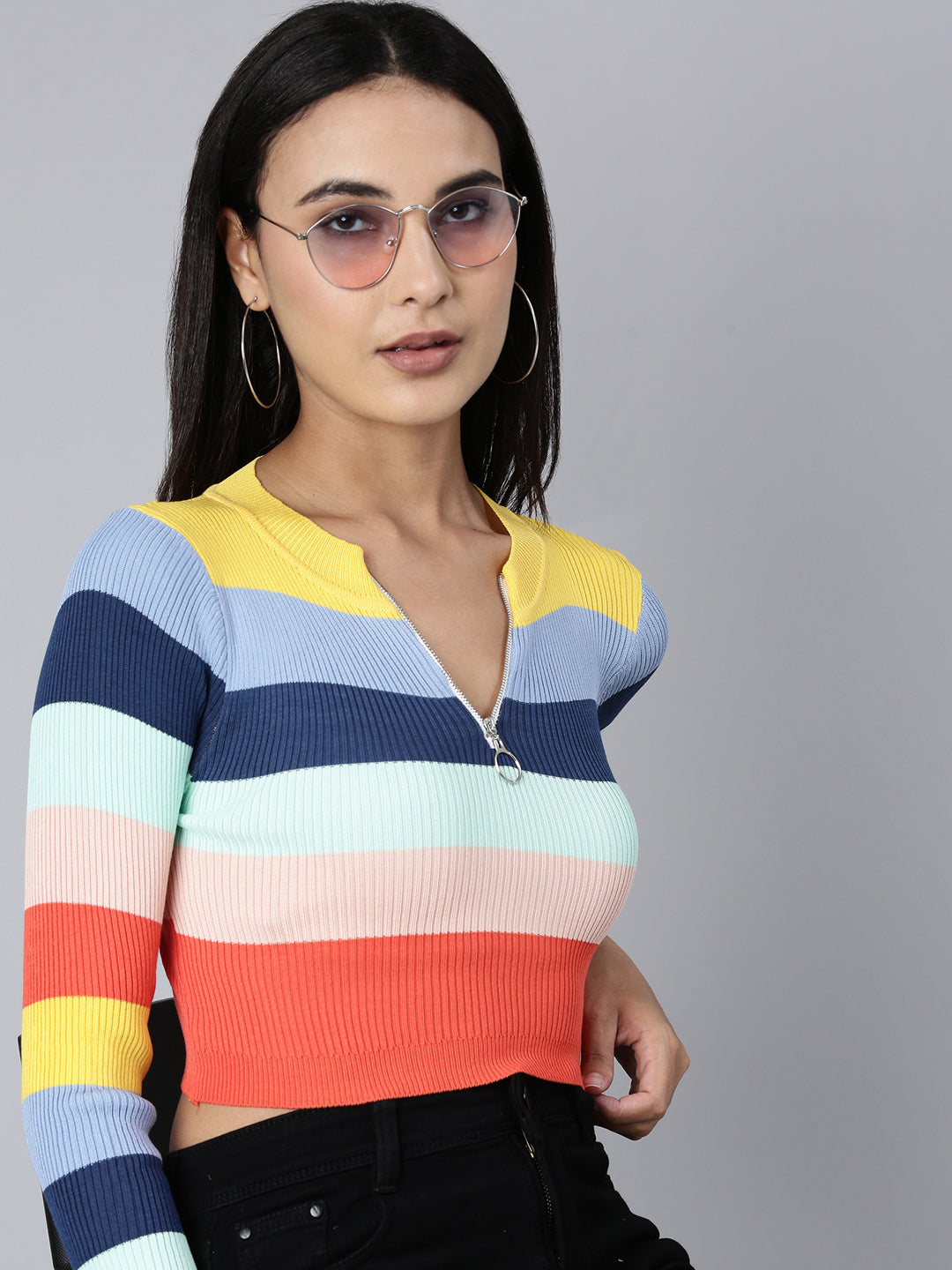 Women's Multi Striped Band Collar Crop Top