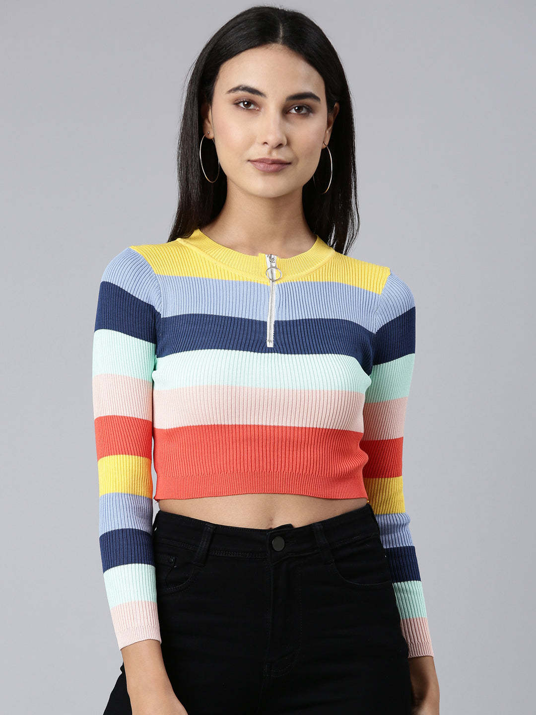 Women's Multi Striped Band Collar Crop Top