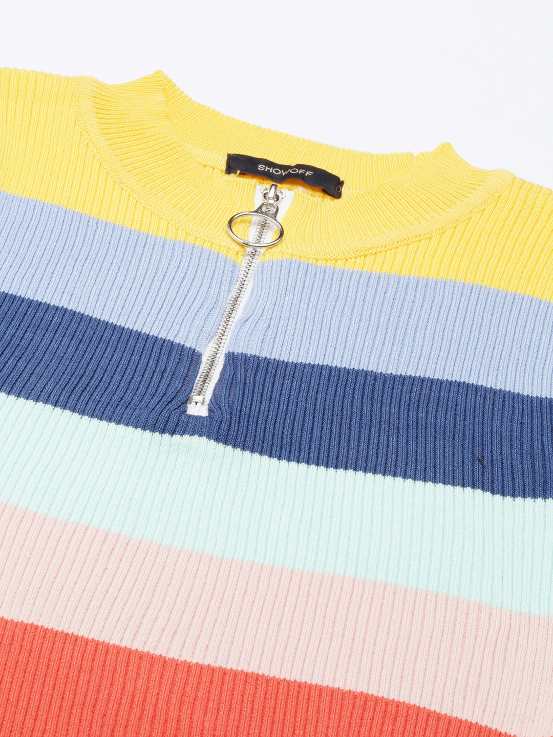 Women's Multi Striped Band Collar Crop Top