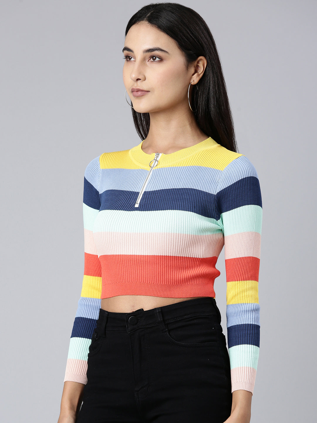 Women's Multi Striped Band Collar Crop Top